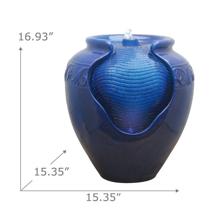 Teamson Home Outdoor Glazed Pot Floor Fountain with LED Lights, Royal Blue with dimensions labeled in inches.