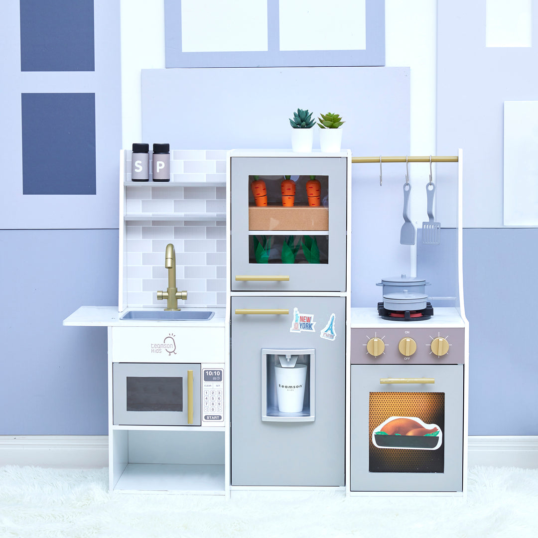 Teamson Kids Little Chef Lyon Complete Kitchen Set with Hydroponic Garden, Refrigerator and Accessories, Gray -FINAL SALE