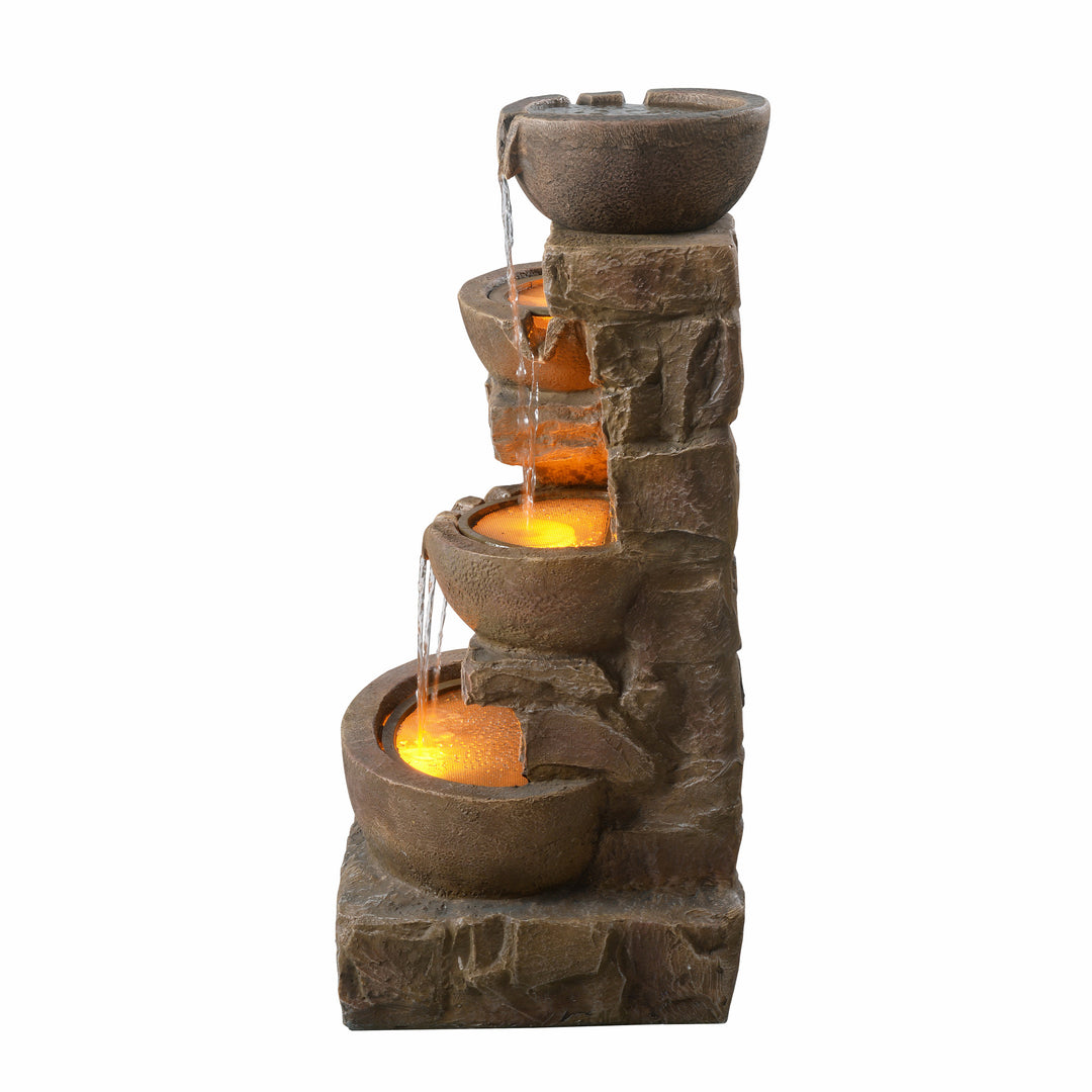 A view of the side of the 33.27" Cascading Bowls & Stacked Stones LED Outdoor Fountain, Brown.