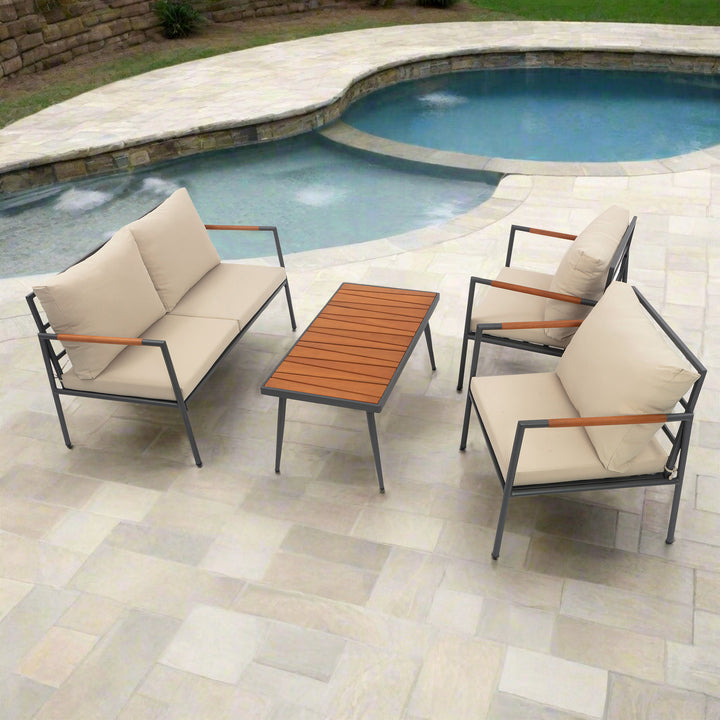 Cushioned Backrest & Wood Armrests Conversation Set Outdoor Patio Furniture