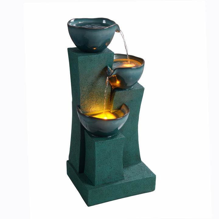 28.54" 3-Tier Outdoor Water Fountain with LED Lights, Green, with sleek, textured staggered platforms and smooth bowls