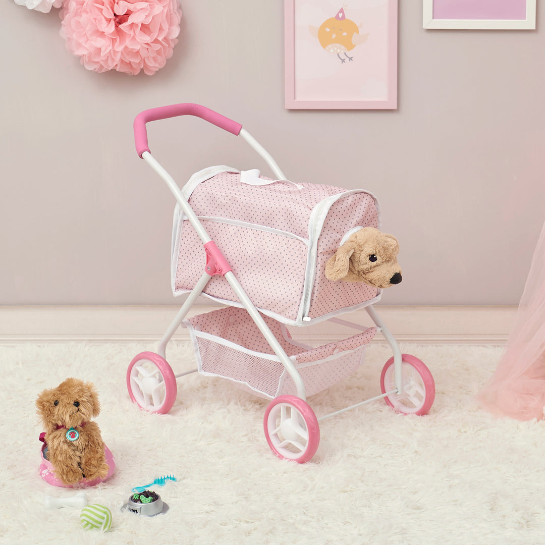 An enclosed 2-in-1 pet stroller with a detachable carrier in pink with gray polka dots with a pretend puppy's head poking out of the small hole in front of the detachable carrier.