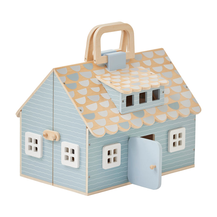 A blue and oak finished cottage dollhouse closed with the front door open. With shingle details, small and large windows on both floors, and a handle on top of the house.