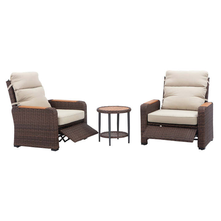 Wicker Frame & Wood Armrests Recliner Set in Warm Brown Outdoor Seating