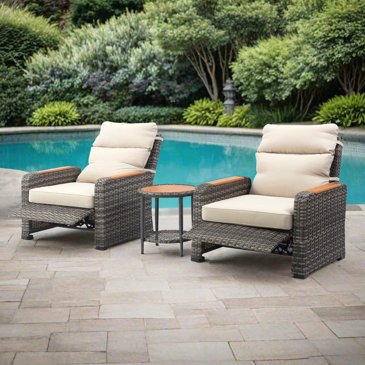 Wicker Frame & Wood Armrests Recliner Set in Gray Outdoor Seating
