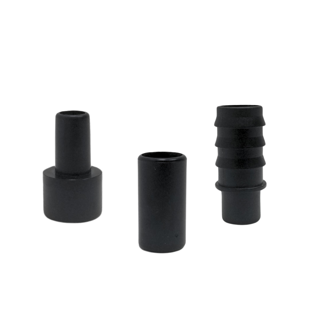 Three different black plastic nozzles displayed against a white background.