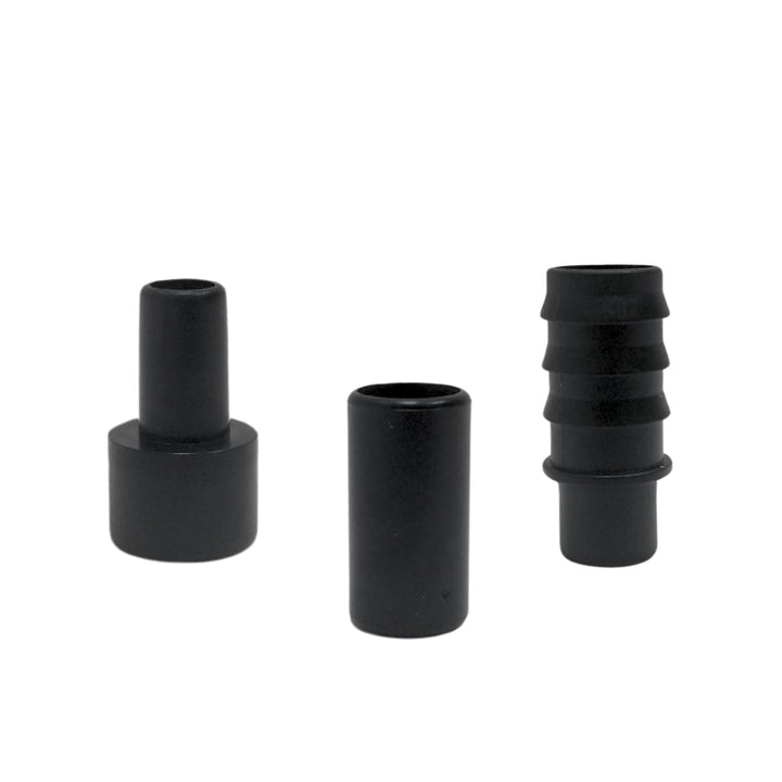 Three different black plastic nozzles displayed against a white background.
