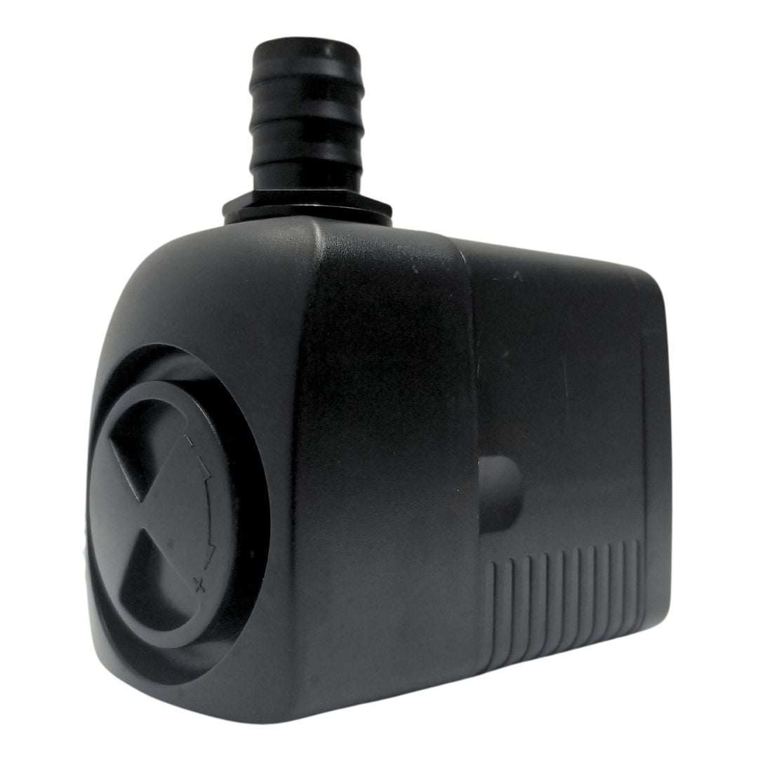 A black plastic valve with ribbed connector at the top and a round dial on the side.