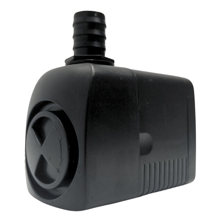 A black plastic valve with ribbed connector at the top and a round dial on the side.