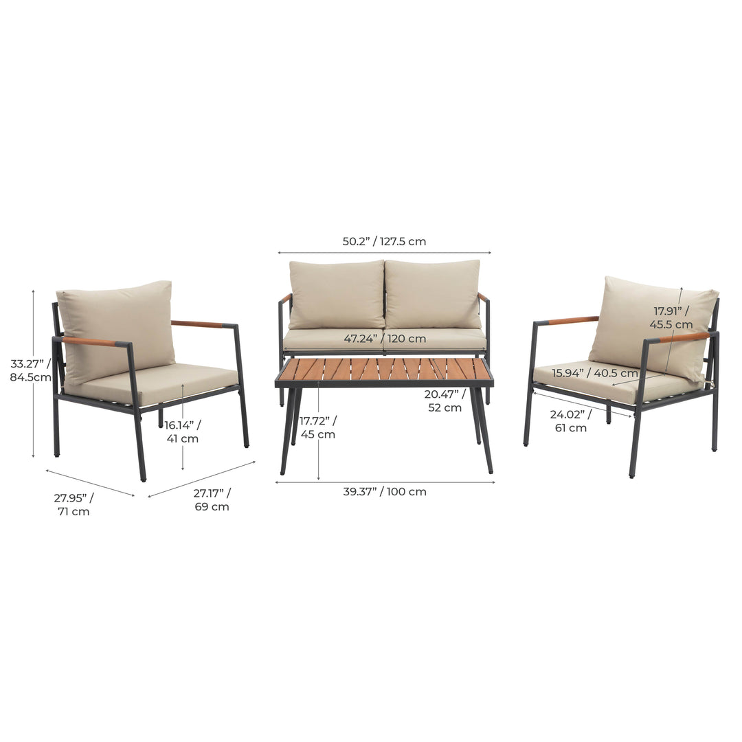 Cushioned Backrest & Wood Armrests Conversation Set Outdoor Patio Furniture