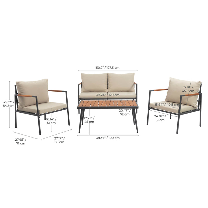 Cushioned Backrest & Wood Armrests Conversation Set Outdoor Patio Furniture