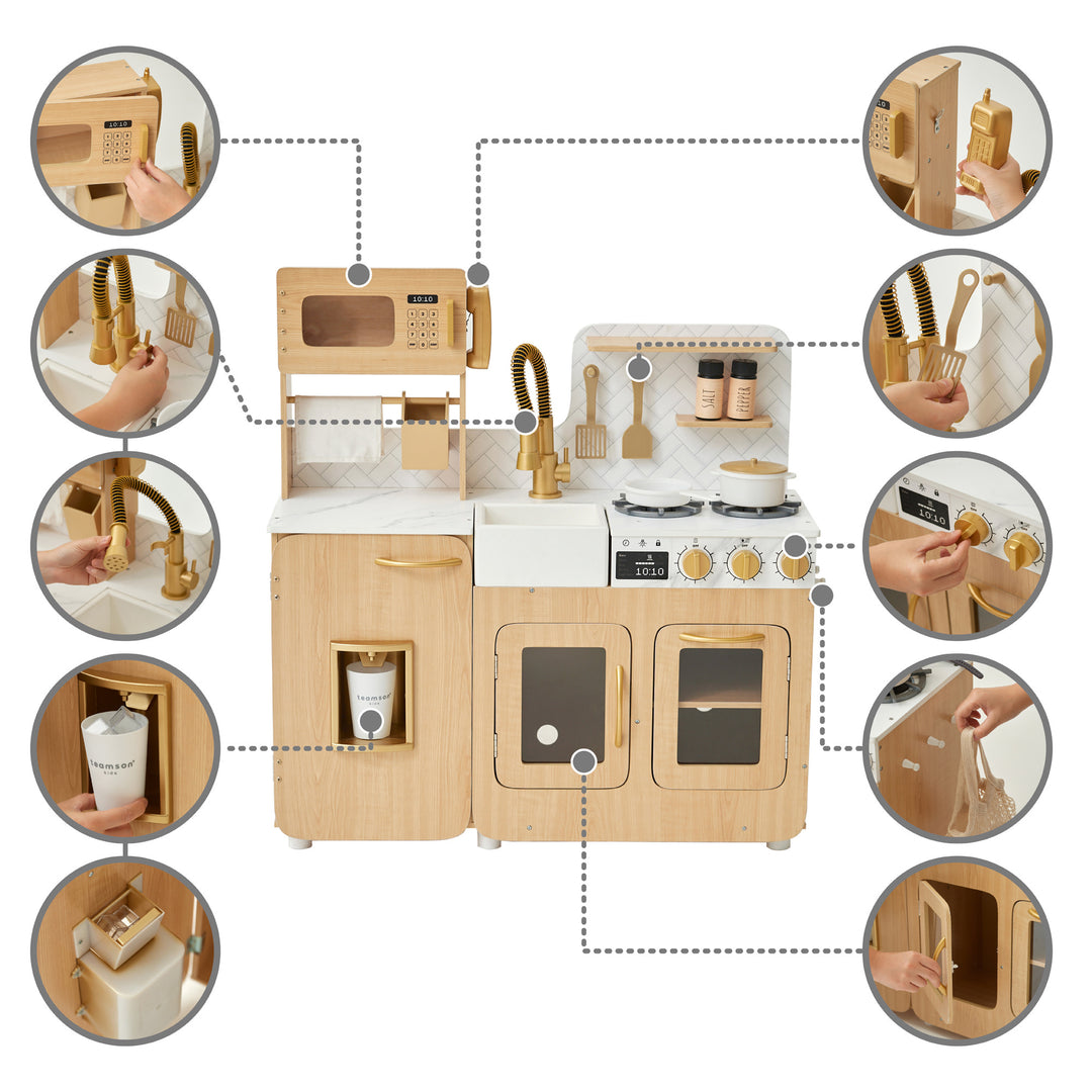 Exploded view of a Teamson Kids - Little Chef Cyprus Medium Play Kitchen, Light Oak/White with detailed insets showing various interactive features.