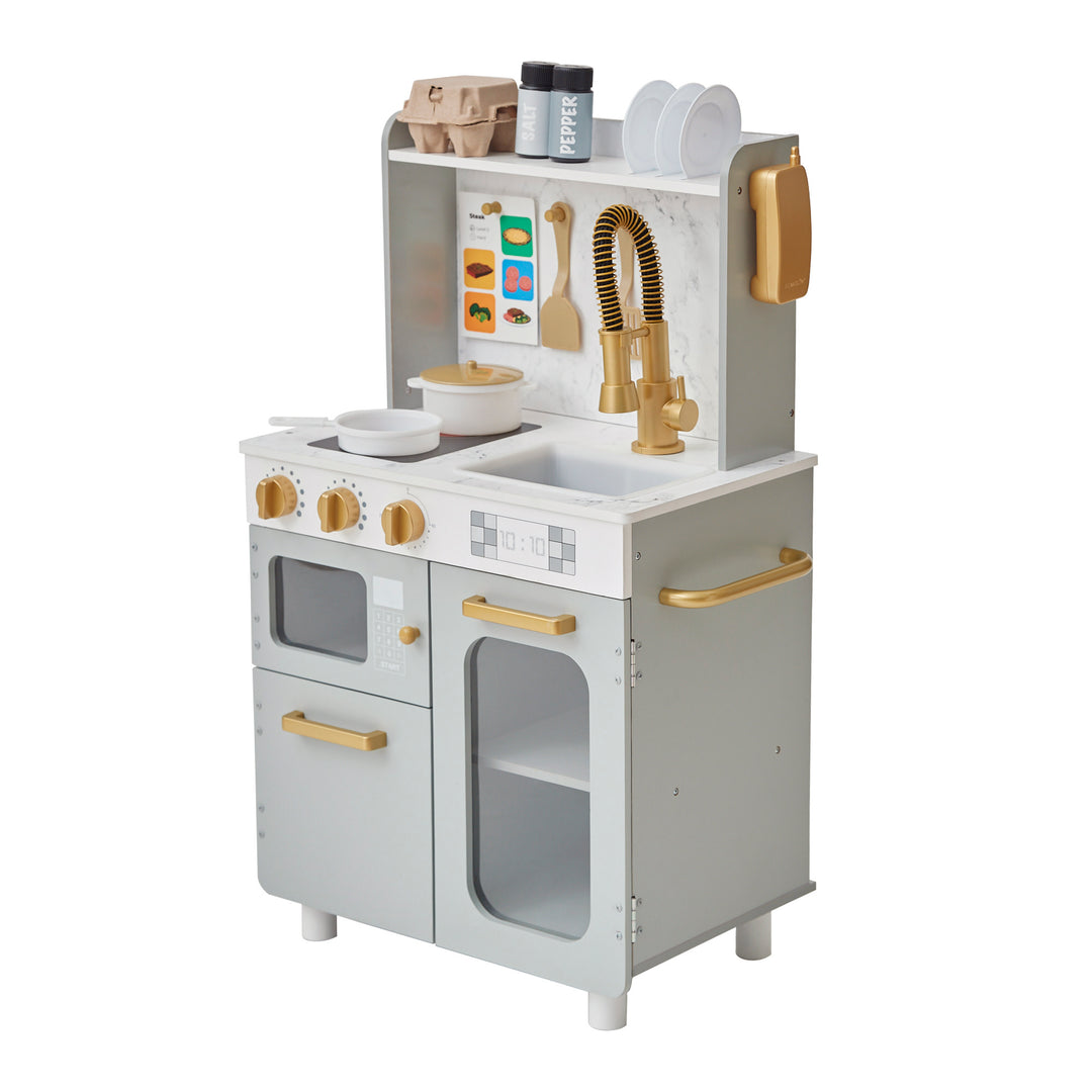 TEAMSON KIDS - LITTLE CHEF MEMPHIS SMALL PLAY KITCHEN, GRAY/GOLD with accessories.