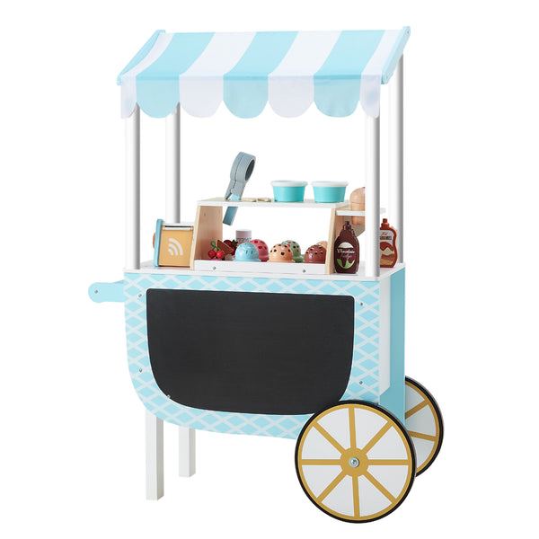 the ice cream cart with all the accessories is shown at a slight angle to show the wheels