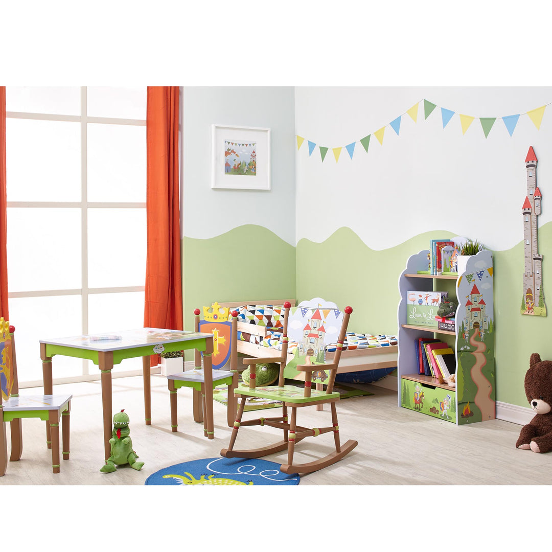 A children's room with a Fantasy Fields knights and dragons growth chart and toys.