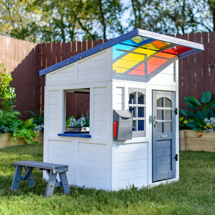 Teamson Kids Rainbow Shade Wooden Playhouse with Kitchen and Bench, White
