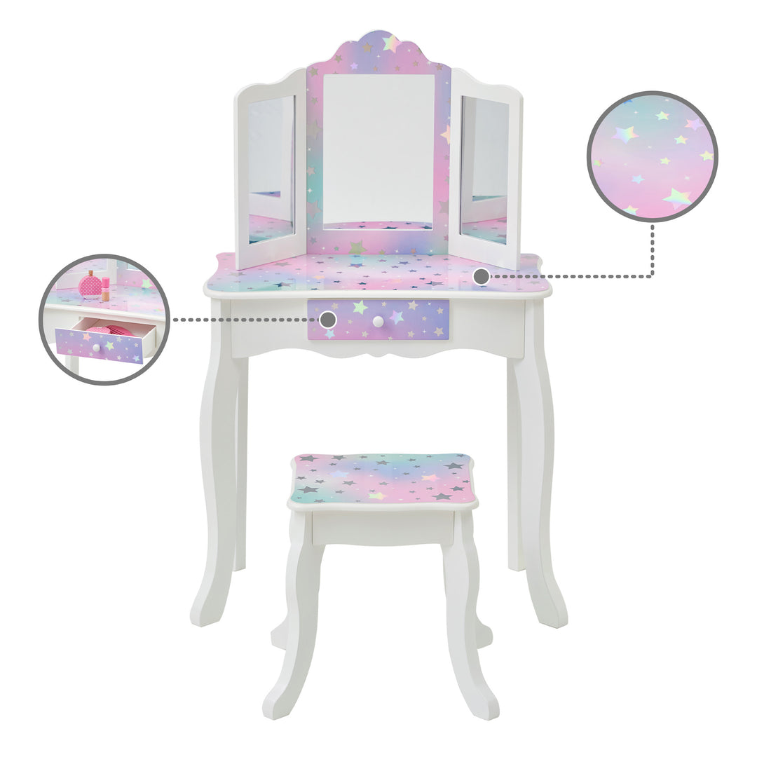 A Fantasy Fields girl's GISELE STARRY SKY PRINT vanity set with a mirror and stool with callouts for the star accents and storage drawer.