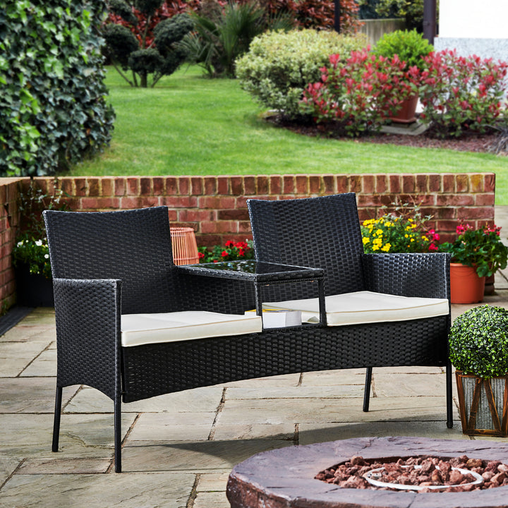 Teamson Home Outdoor Wicker Loveseat Bench with Table and Cushions, Black