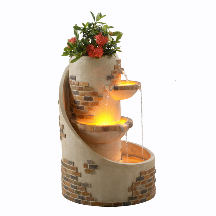 29.92" Outdoor Water Fountain with Planter & LED Lights, Ivory, with the lights on and the water flowing