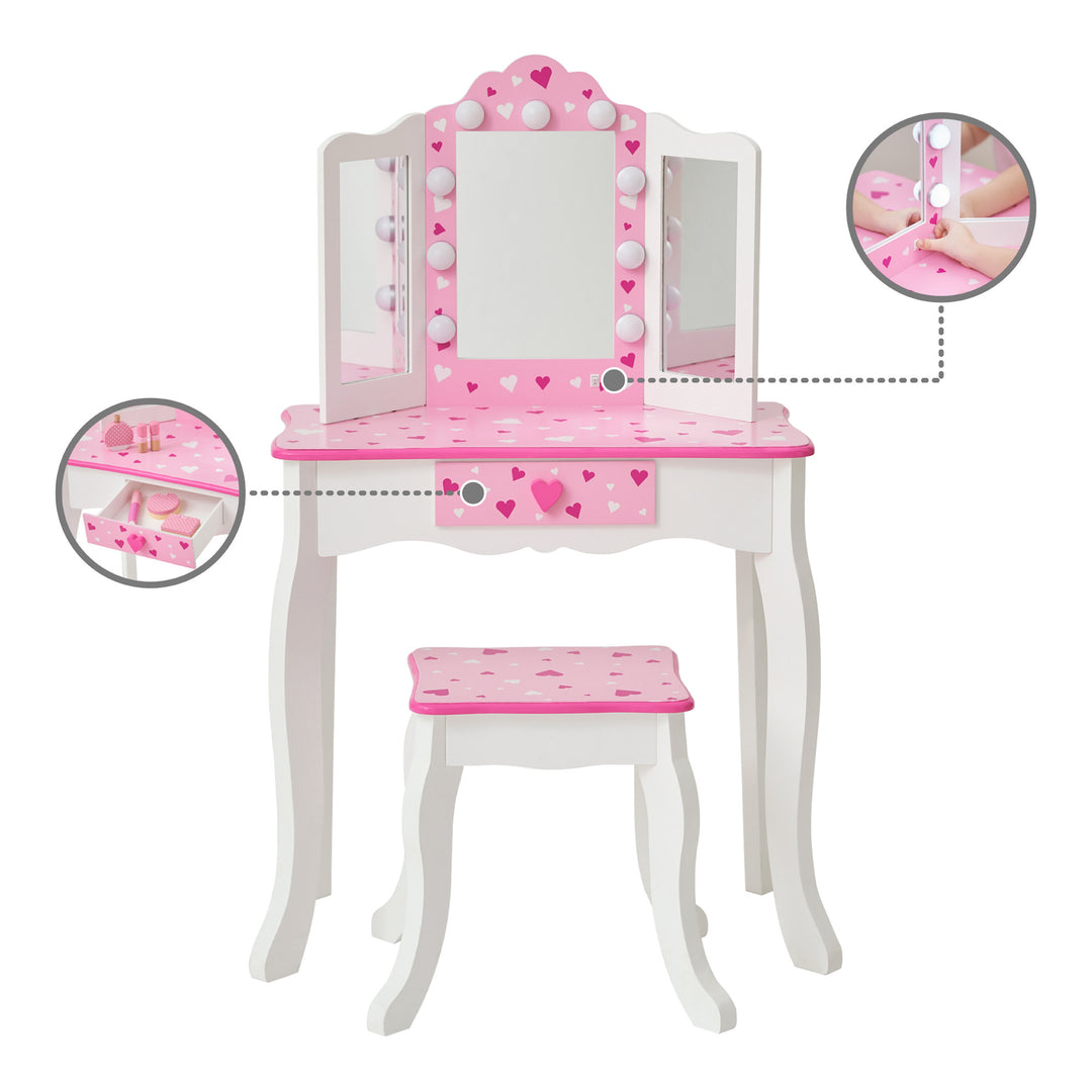 Callouts of a white and pink vanity set include a close-up of an on/off switch and a storage drawer.