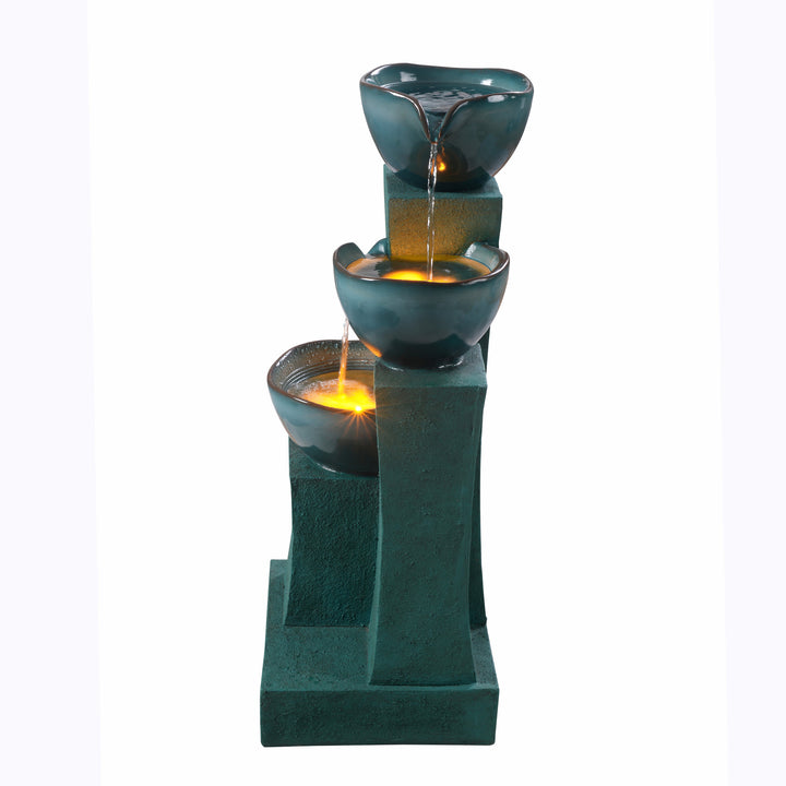 28.54" 3-Tier Outdoor Water Fountain with LED Lights, Green with illuminated water flow.
