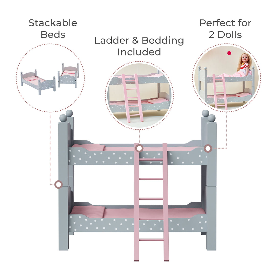 infographic image of the features: stackable beds, ladder and bedding included, perfect for 2 dolls