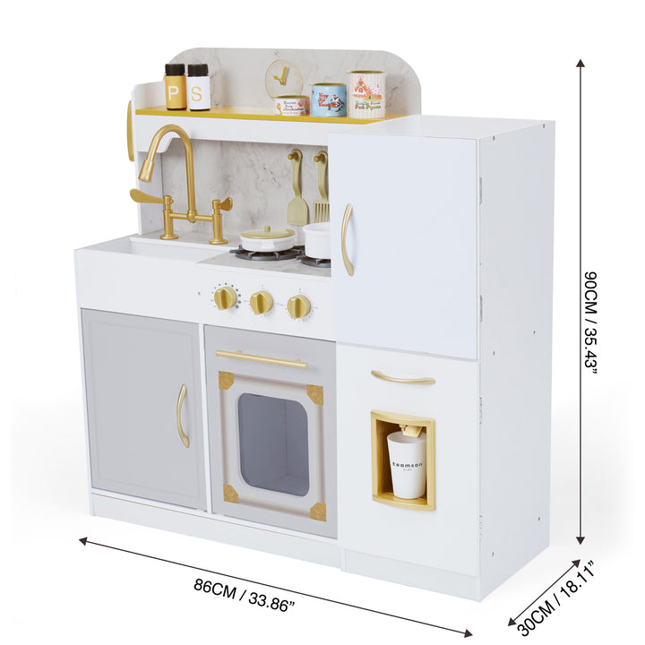 Dimensional graphic of a play kitchen in inches and centimeters