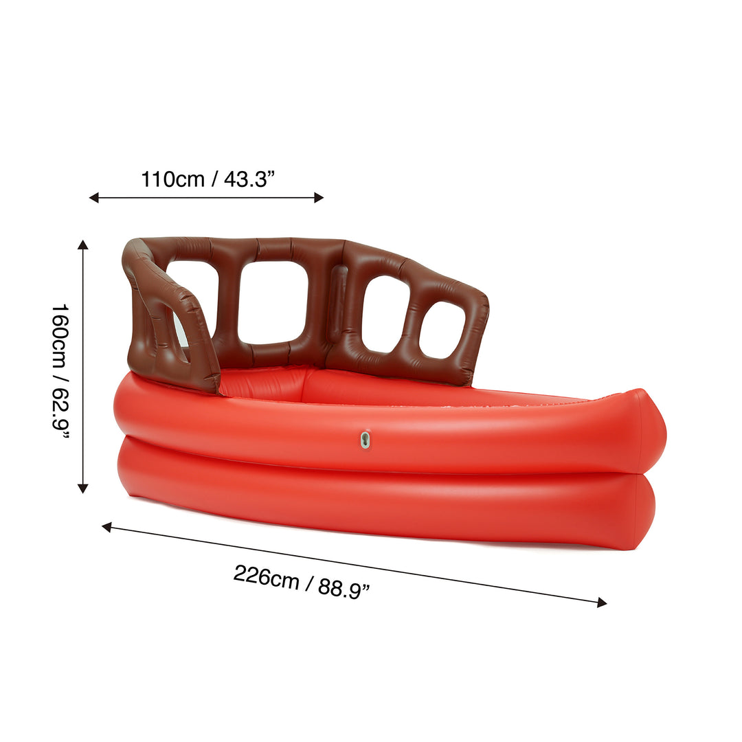 An Teamson Kids - Water Fun Pirate boat Inflatable Sprinkler Play with dimensions labeled in centimeters and inches.