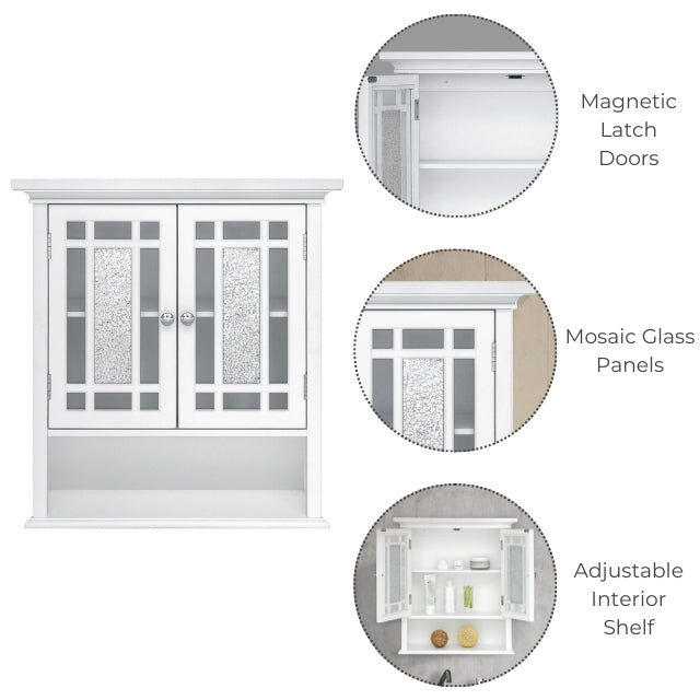 an image with graphic images to show features including magnetic latches, mosaic glass panels and adjustable shelves