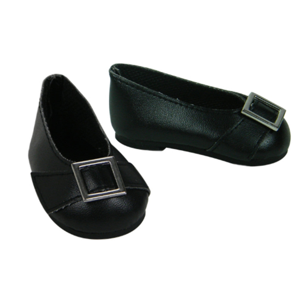 A pair of black dress shoes with a buckle for 18" dolls.