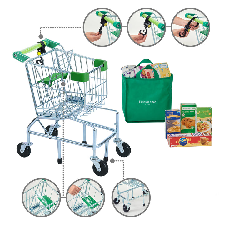A Teamson Kids - Little Helper Dallas shopping cart showcased with its folding baby seat mechanism, along with a green reusable grocery bag and hook, and a selection of food products.