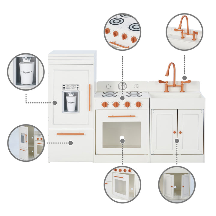 Exploded view of a Teamson Kids Little Chef Paris Complete Kitchen Playset, White/Rose Gold with labeled components.