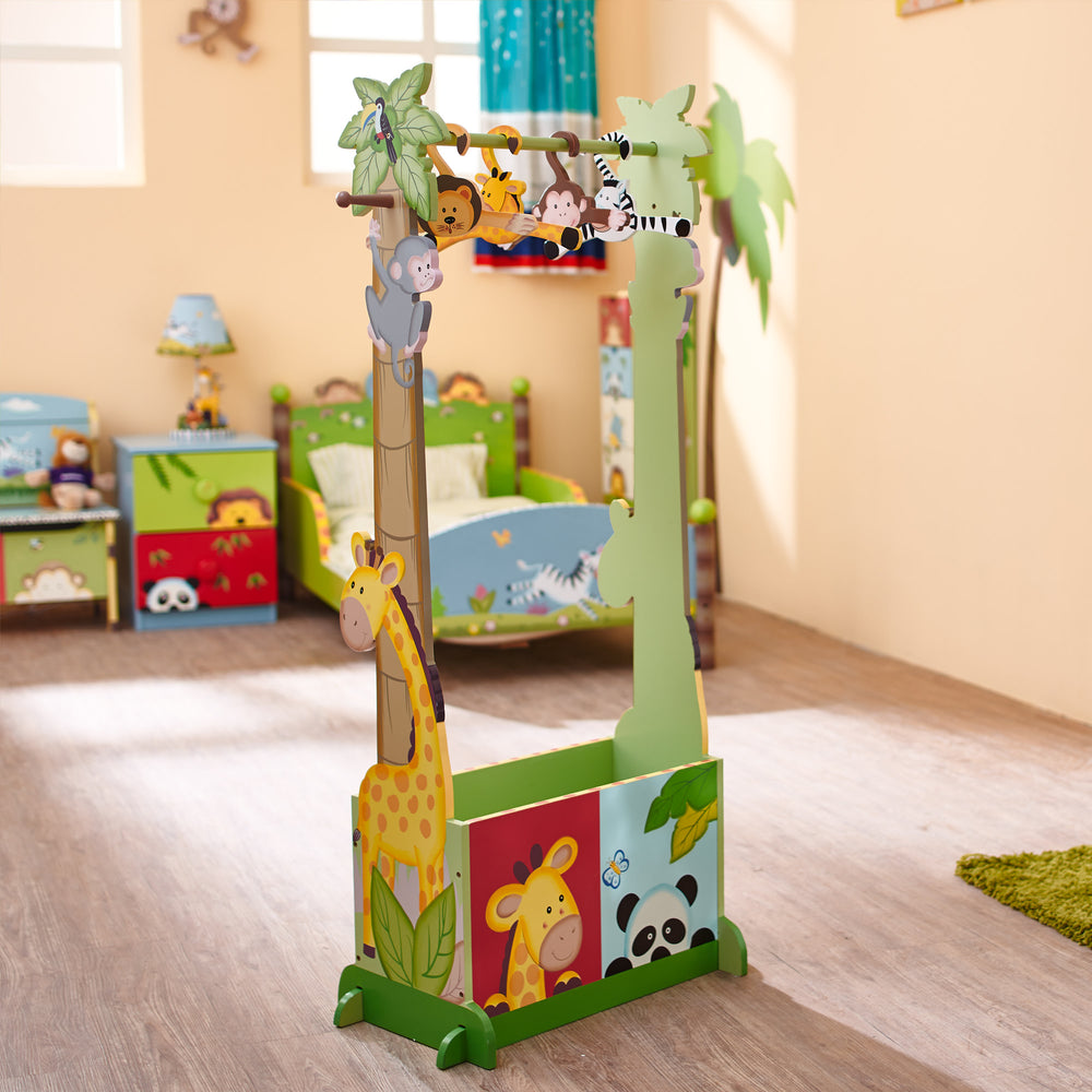 A child's room with a FANTASY FIELDS - SUNNY SAFARI DRESS UP VALET RACK, MULTICOLOR theme.