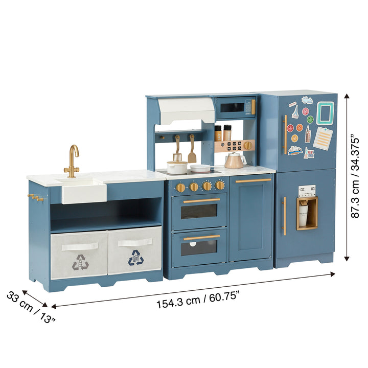 A TEAMSON KIDS - LITTLE CHEF ATLANTA LARGE MODULAR PLAY KITCHEN, STONE BLUE/GOLD with measurements.