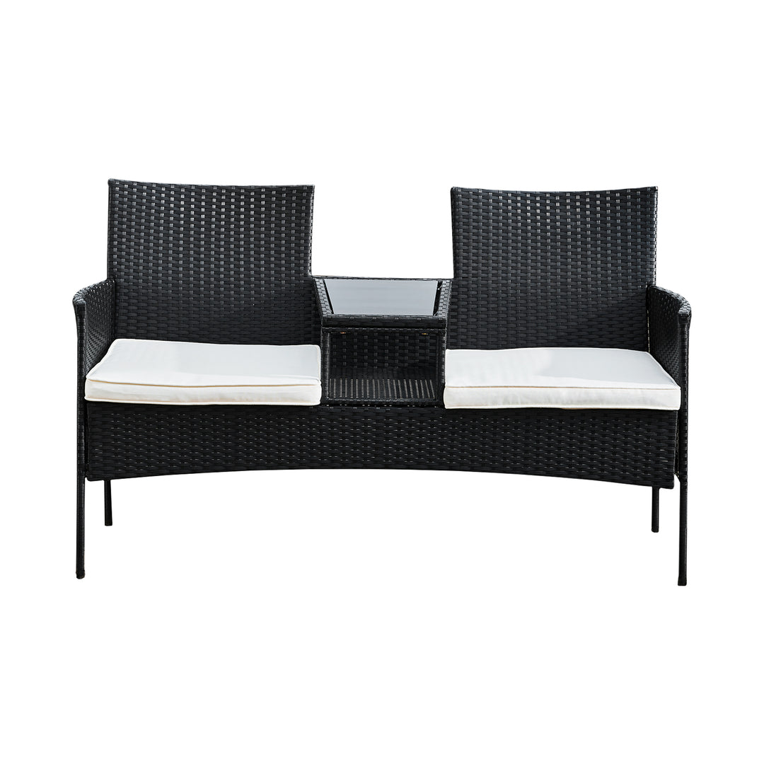 Teamson Home Outdoor Wicker Loveseat Bench with Table and Cushions, Black