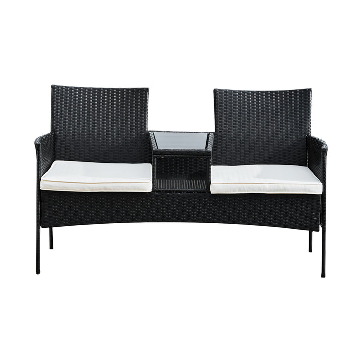 Teamson Home Outdoor Wicker Loveseat Bench with Table and Cushions, Black