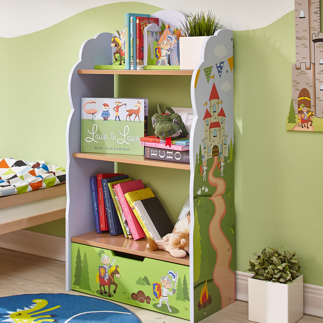 A children's room with a Fantasy Fields Knights and Dragons Bookshelf and teddy bears.