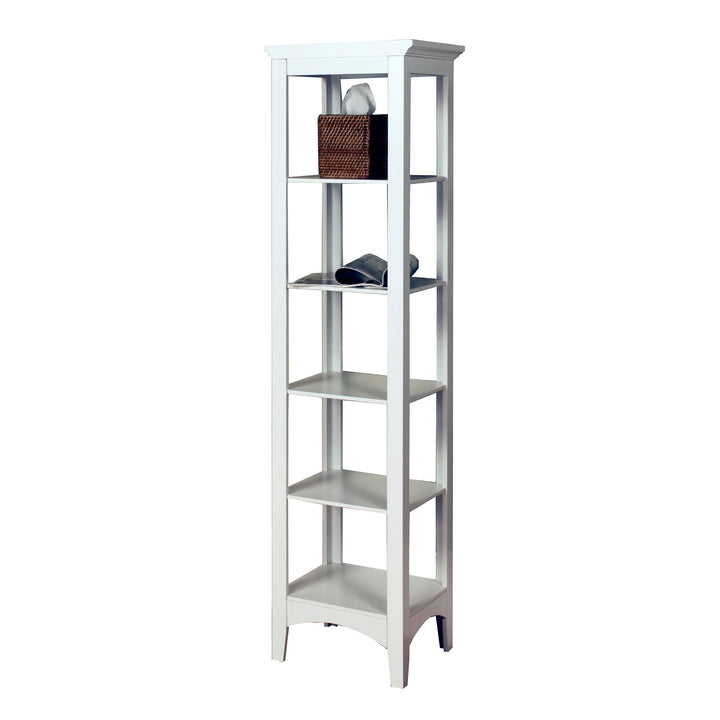Madison Linen Tower narrow five-tier shelving unit with assorted items on shelves.