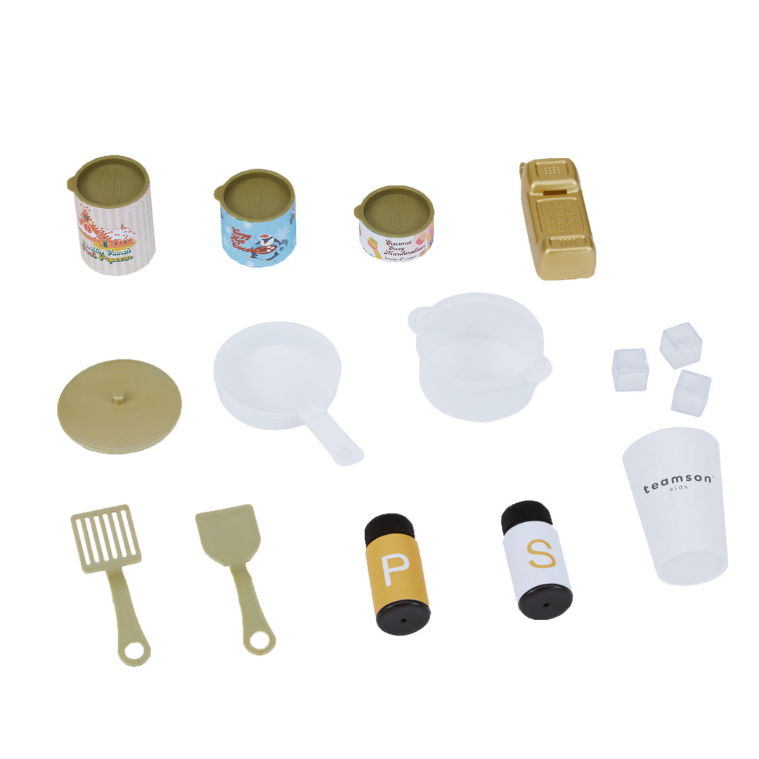 Accessories included with this play kitchen include 3 canisters, a phone, a lid, a pan, a pot, three pretend ice cubes, a cup, two seasoning bottles, and two spatulas