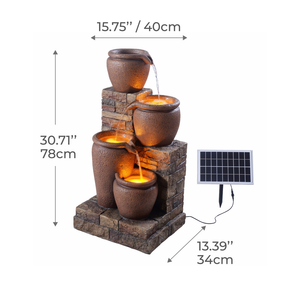 Teamson Home 30.71" 4-Tier Outdoor Solar Water Fountain with LED Lights, Terracotta showcasing dimensions in inches and centimeters