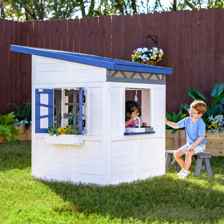 Teamson Kids Rainbow Shade Wooden Playhouse with Kitchen and Bench, White