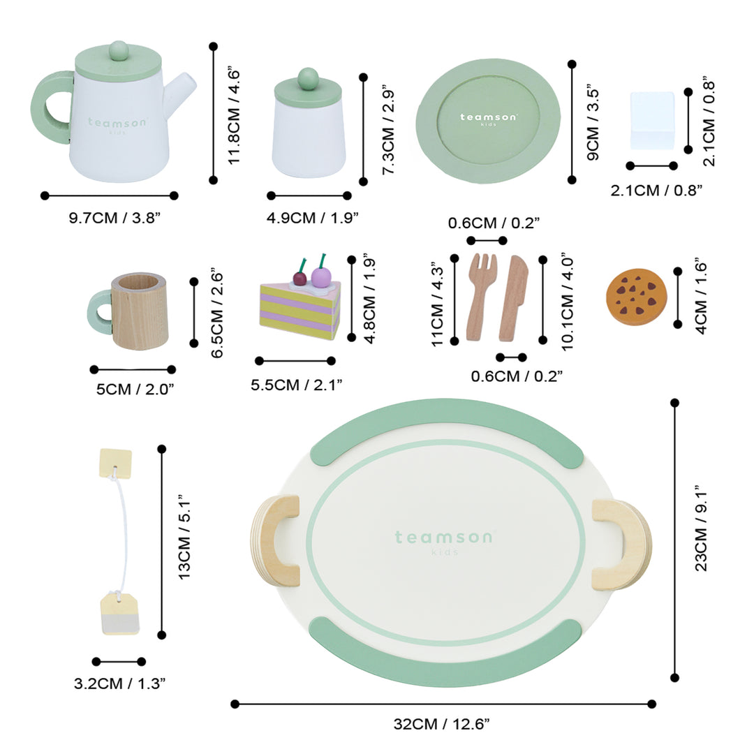 A toy tea set from Teamson Kids with labeled dimensions for a kettle, sugar bowl, milk jug, cup, 2 slices of cake, fork and spoon, cookie, and tray, each item shown with its respective size in centimeters and inches.