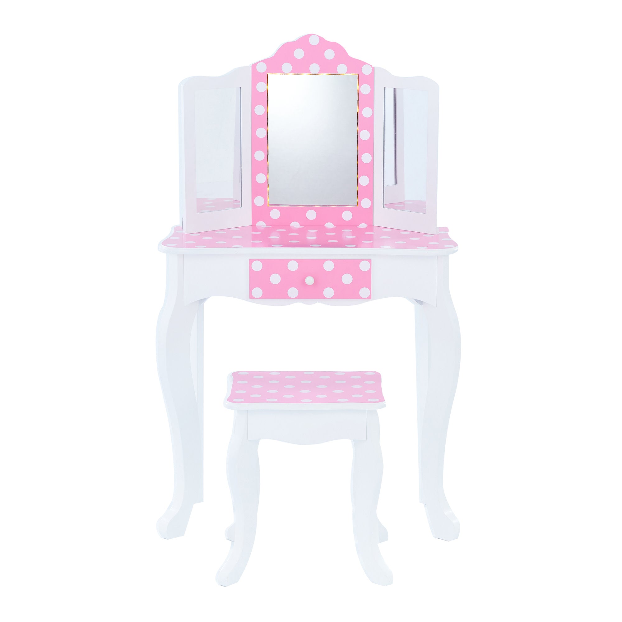 Fantasy Fields Gisele Polka Dot Prints Play Vanity Set with LED Mirror Light, Pink/White