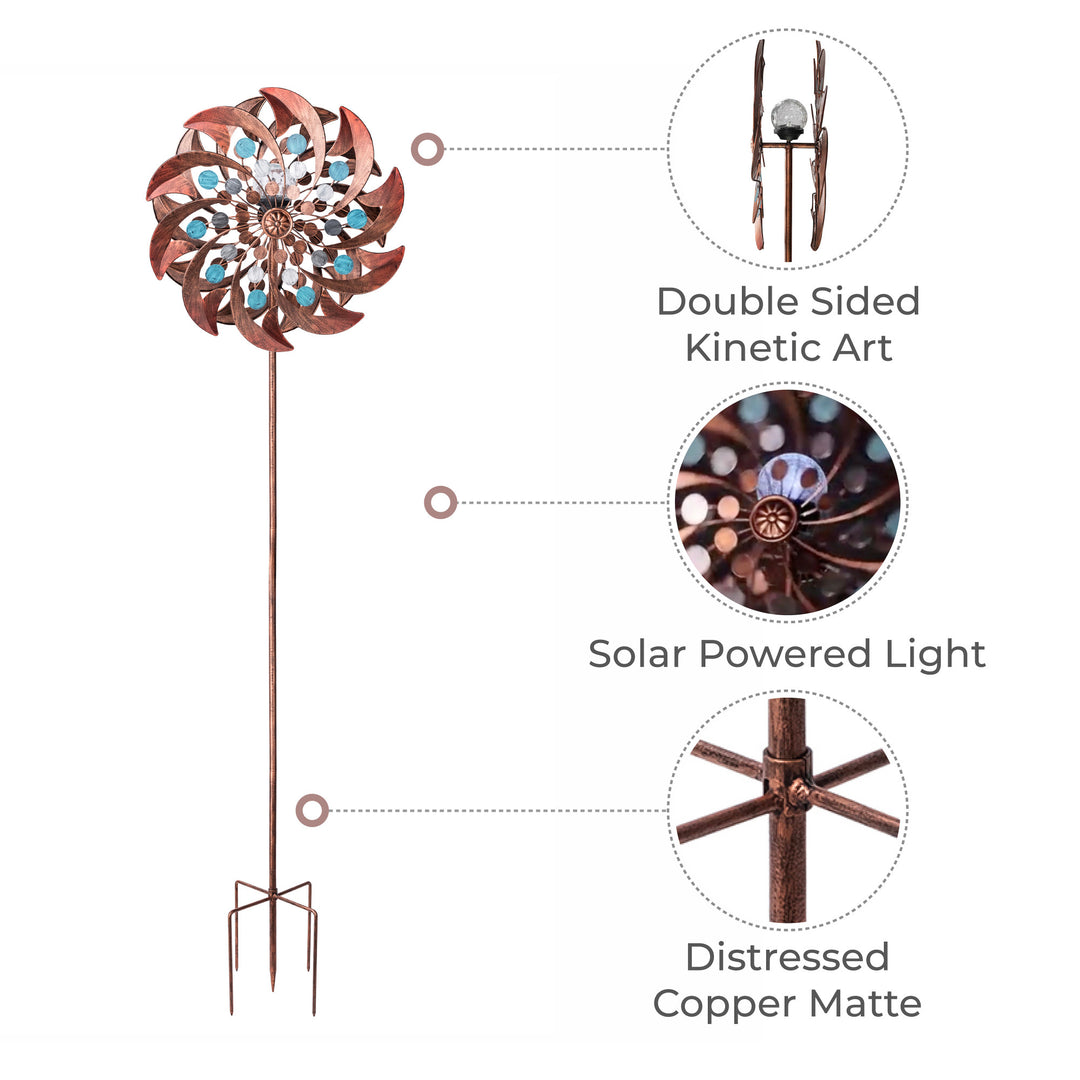 18" dia. x 70" H Solar Metallic Kinetic Windmill Spinner, Copper-colored, with callout features: double-sided, solar-powered, and distressed copper finish