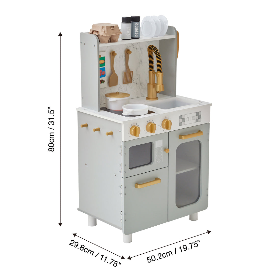 Teamson Kids - Little Chef Memphis Small Play Kitchen, Gray/Gold with accessories and dimensions.