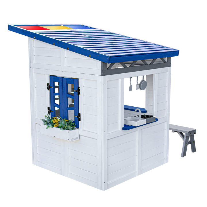 Teamson Kids Rainbow Shade Wooden Playhouse with Kitchen and Bench, White