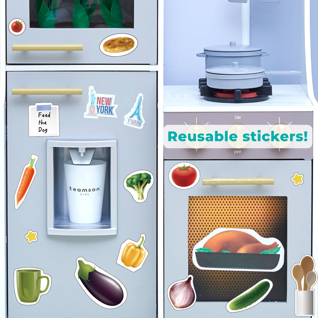 Reusable stickers displayed all over the fridge and oven of the Teamson Kids Little Chef Lyon play kitchen.