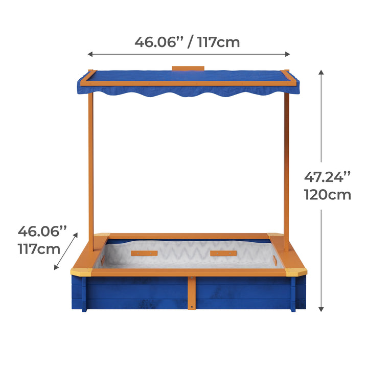 A dimensional graphic for a sandbox listed in inches and centimeters