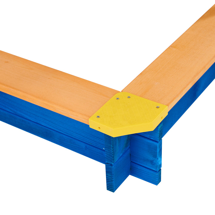 A close-up of the bench on a blue and wood-toned sandbox 