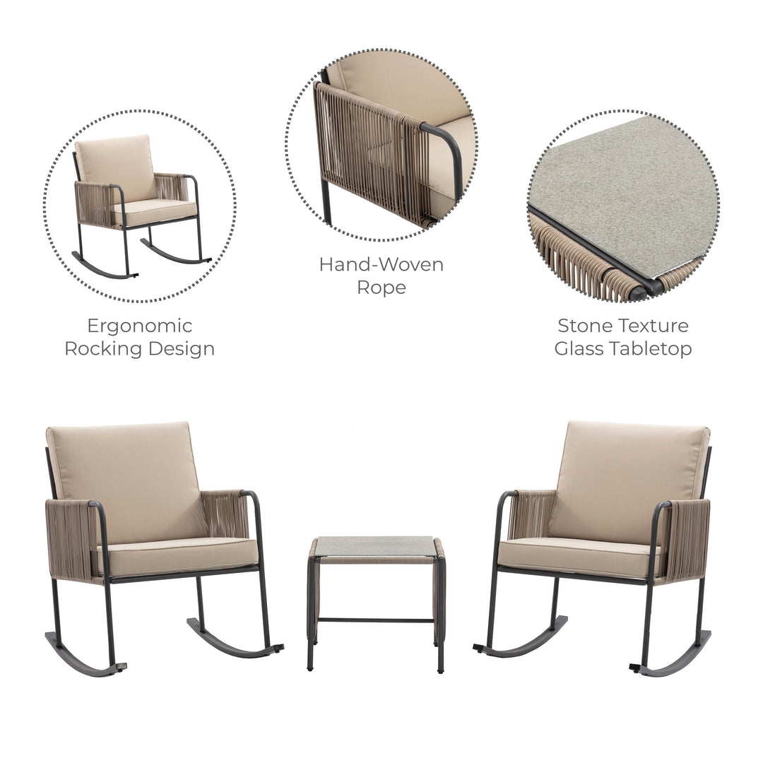Steel Frame Rocking Chair Conversation Set with Rope Accent Outdoor Furniture